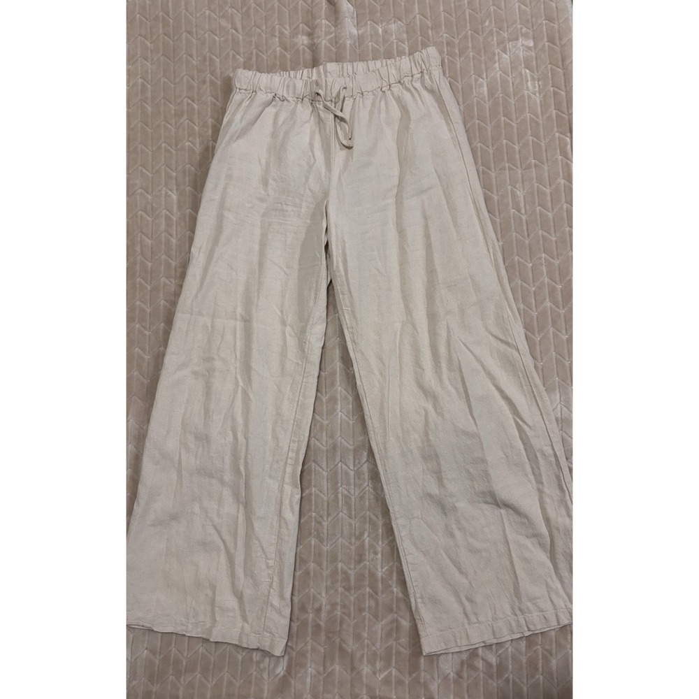 Casual Beige Linen Wide Leg Pants Large Coastal Grandmother Beach Boho Flowy